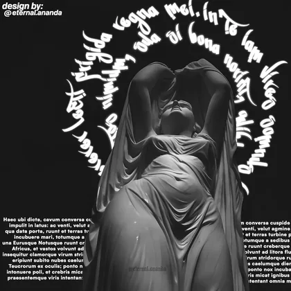Monochrome classical statue framed by curved expressive typography